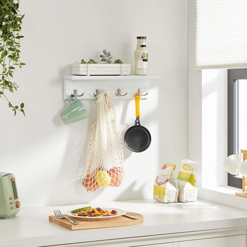 SONGMICS Entryway Hanging Coat Rack, Wall-Mounted Wooden Shelf, with 4 Double Hooks, Wall Floating Shelf, White ULHR42WT...