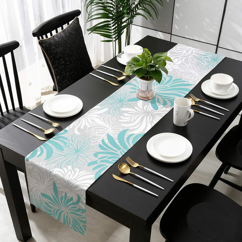 Aqua Chrysanthemum Flowers Table Runner-Cotton Linen-Long 13x108inches Dresser Scarves,Floral Grey Tablerunner for Kitchen Coffee/Dining/End Table...