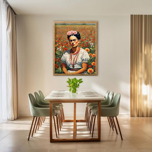 Posterizer 1 pcs- Frida Kahlo inspied art in white dress-flower field-Famous Figures Art Collection-Floral Botanical Art- Living Room Bedroom Deco...