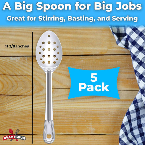 Super Strong, Ergonomic 11 in Serving Spoon 5 Pk. Big, Perforated Stainless Steel Spoons for Cooking, Baking and Basting. Best Kitchen Flatware fo...