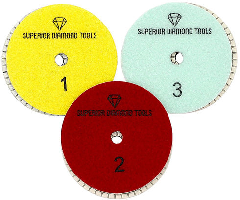 3 Step Diamond Polishing Pads - Wet or Dry - Granite, Quartz, Marble, Concrete, Terrazzo - High Temperature Resistance - White Resin - 4'' Hook an...