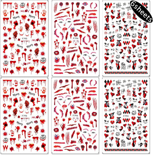Halloween Nail Art Stickers Blood Nail Decals, 6 Sheets 3D Self Adhesive Halloween Nail Art Supplies Sticker Blood Scar Clown Eye Halloween Nail D...