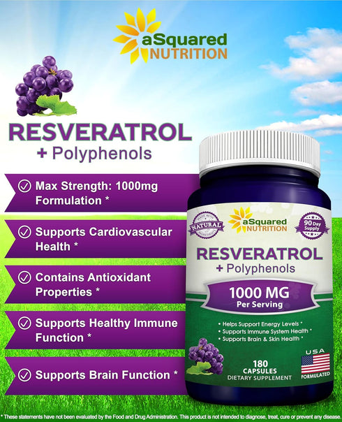 aSquared Nutrition Natural Resveratrol with Red Wine Extract - 180 Capsules - Trans Resveratrol Antioxidant Supplement Pills for Pure Heart Health...