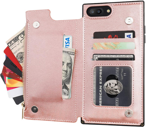 Bocasal Wallet Case for iPhone 7 Plus/8 Plus with 3 Card Slots Cash Holder Zipper Design Premium PU Leather Sturdy Magnetic Closure 5.5 Inch(Rose ...