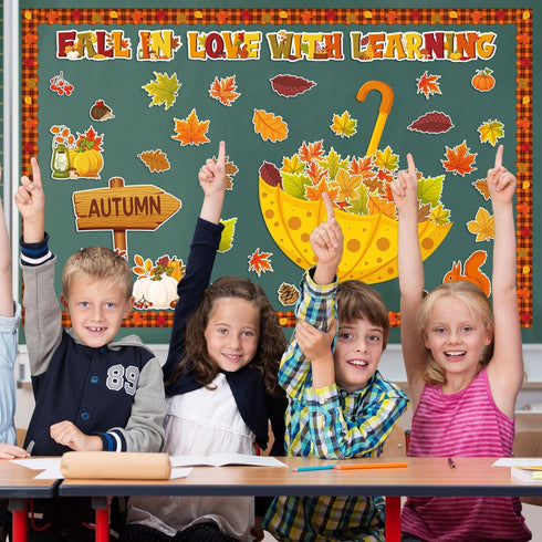 Qilery Fall in Love with Learning Bulletin Board Set Autumn Maple Leaves Pumpkin Cutouts Fall Theme Classroom Decorations for Thanksgiving School ...