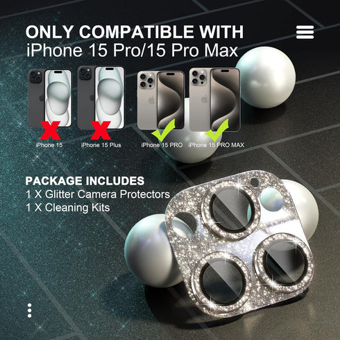 Choiche Compatible for iPhone 15 Pro/iPhone 15 Pro Max Camera Lens Protector, Bling Camera Cover with 9H Tempered Glass Lens Screen Protector Meta...