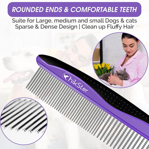 Dog Comb for Grooming Pet Comb with Stainless Steel Rounded Teeth Rubber Handle for Large Medium & Small Cat Comb Removes Knots & Tangled Hair...