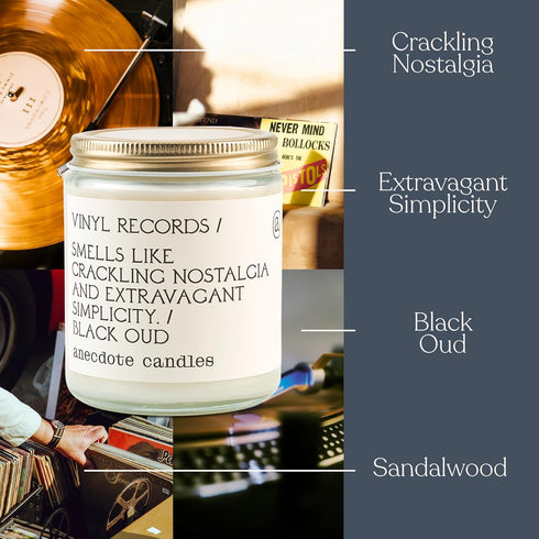 Anecdote Candles ‘Vinyl Record’ Coconut Soy Wax Candle Jar | Premium Hand Poured & Long Burning | Black Oud & Sandlewood Fragrance | Phthalate-Fre...