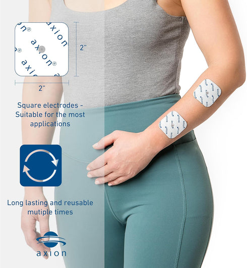 20 axion TENS Unit Electrode Pads 2x2'' - Replacement Pads with 3,75mm Snap Button | Compatible for Compex Muscle Stimulators | Reusable Self-Adhe...
