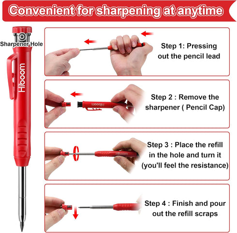 Hiboom 4 Pack Carpenter Pencils Set with 24 Refills, 2.8 mm Mechanical Carpenter Pencil Built in Sharpener Woodworking Marking Tool Solid Long Nos...
