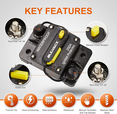 250 Amp Circuit Breaker with Manual Reset for Car Marine Trolling Motors Boat ATV Manual Power Protect for Audio System Fuse, 12V-48V DC (250A)...