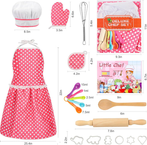 Kids Cooking Baking Set 19Pcs, Kids Chef Role Play Costume Set - Chef Hat and Matching Pink Apron Children Dress up Pretend Gift for 3 4 5 6 7 8 Y...