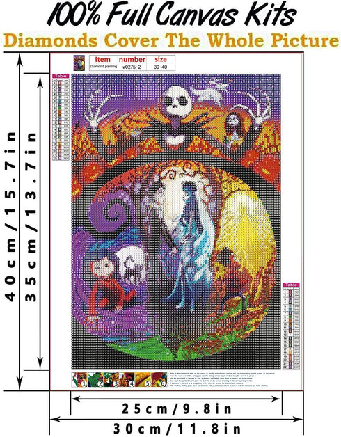 DIY Diamond Painting Jack and Sally Halloween 12x16Inch, Full Round Drill Kits Nightmare Before Christmas Cross Stitch Mosaic Art for Adults Relax...