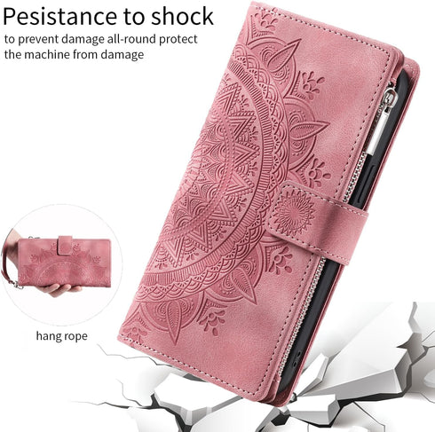 Asuwish Phone Case for Samsung Galaxy S9 Plus Wallet Cover with Tempered Glass Screen Protector and Wrist Strap Mandala Flower Flip Zipper Card Ho...