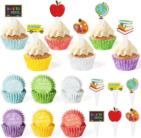 300pcs Back to School Cupcake Liners, School Mini Cake Baking Cups, First Day of School Cupcake Wrappers with Cupcake Toppers, Apple Pencil Book M...