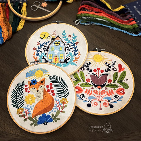 Hearthfire Hygge 3-Pack Beginner Embroidery Kit for Adults | Scandinavian Folk Art Hand Embroidery Kit for Beginners Adults | Fox, House, Flower E...