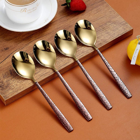 Berglander Dinner Spoon Set Of 4 With Moon Surface Handle And Shiny Gold Head, Stainless Steel Spoons Silverware Set Dishwasher Safe...