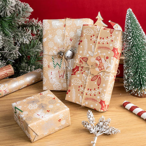 LeZakaa Christmas Kraft Wrapping Paper - Mini Roll - Snowflake/Berry Leaves/Happy Holidays Lettering for Gift Wrap, Arts Crafts - 17 x 120 inches ...