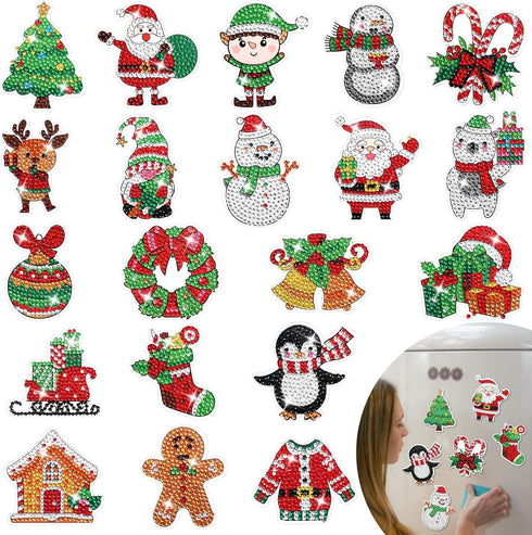 Whaline 20Pcs Christmas Diamond Drawing Refrigerator Magnets DIY Xmas Rhinestone Painting Full Drill Painting Magnetic Stickers Diamond Art Kits f...