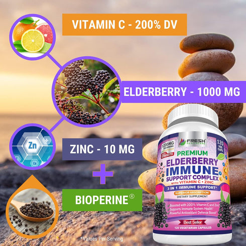 FRESH HEALTHCARE Elderberry Capsules - High Potency Black Elderberry with Zinc and Vitamin C - Premium Elderberry Vitamins for Adults - 3 in 1 Imm...