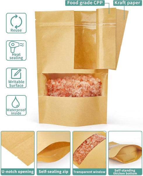 FireKylin 100 Pcs Kraft Paper Bags with Window, 3.5" x 5.5" Stand Up Pouches, Zip Lock Food Storage Bags for Packaging Products, Reusable, Sealabl...