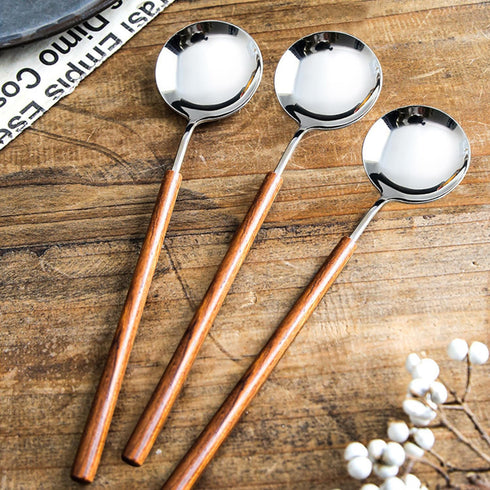 Retro Wooden Handle Spoon,Stainless Steel Serving Tablespoons,Wooden DinnerSpoon,Silver Silverware With Brown Handle,4 Pcs....