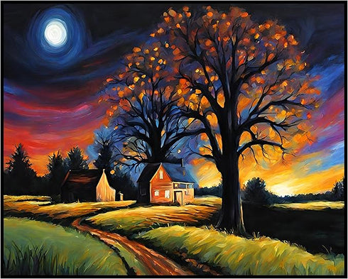 Posterizer 1 pcs- quaint old village-building in nature-night sky 1-Landscape & Nature Art-Floral Botanical Art- Decor for Home & Office- unframed...