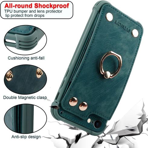 iPhone SE 2022/2020,iPhone 7/8 Wallet Case with Credit Card Holder,Leather Shockproof Phone Cover Supports 360°Rotation Ring Stand and RFID Blocki...
