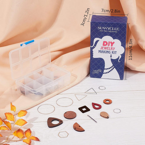SUNNYCLUE 10 Pairs Wood Geometric Dangle Earring Jewelry Making Kits Teardrop Triangle Triangle Oval Wood Charms Pendant & Brass Linking Rings & E...