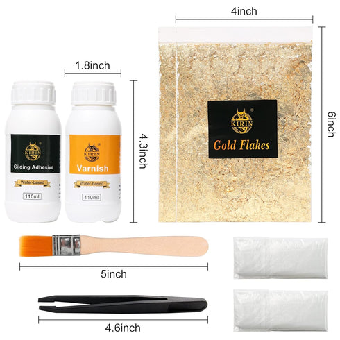 KIRIN Gold Leaf Adhesive, Gilding Adhesive Set, Metal Leaf Glue and Varnish for Craft, Home Decor, Resin Crafts, Ceiling (220ml + 2 Brushes + 2 Gl...