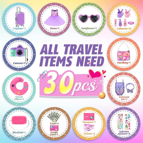 30 PCS 18 Inch Girl Doll Accessories Suitcase Travel Play Set - Camera, Suitcase Stickers, Toiletries, Pillow, Blindfold, Sunglasses, Passport, Ti...