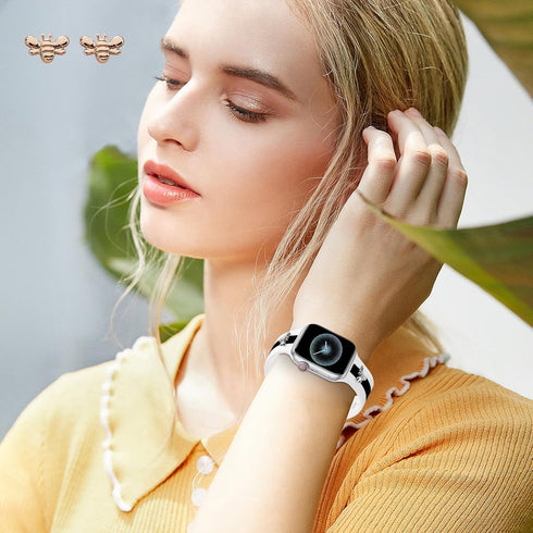 Silicone Band for Apple Watch Band 38mm 40mm 41mm Rosegold with 2 Pairs of Bee Charms Decor, Designer Sport Strap for Silver iwatch Bands Series 9...