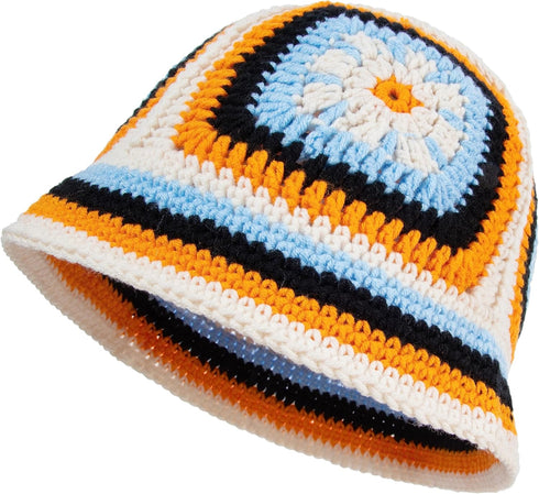 Crochet Knitted Hat Handmande Bucket Hat Summer Floral Beanies Cap (Orange)...