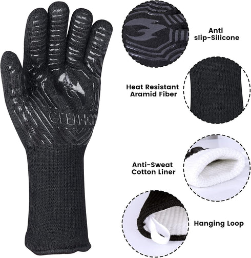 GEEKHOM BBQ Grill Gloves,1472? Heat Resistant Oven Gloves, EN407 Certified 13 Inch Flexible Barbecue Mitts Good Grip for Smoker, Baking, Cooking, ...