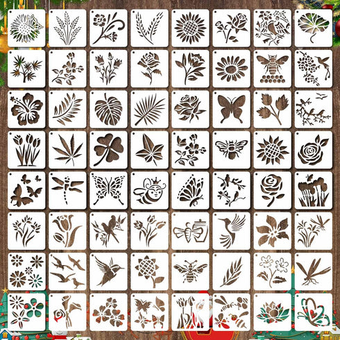 64 Pieces Stencils for Painting, Small Reusable Flower Plant Stencil, Art Craft Template for Painting on Wood, Wall, Fabric, Rock, Chalkboard, Sig...