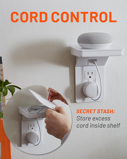 ECHOGEAR Outlet Shelf for Decora/GFCI Outlets - Next-Gen Design with Built-in Cord Storage & Room for Bulky Plugs - Quick Install with Included Ha...