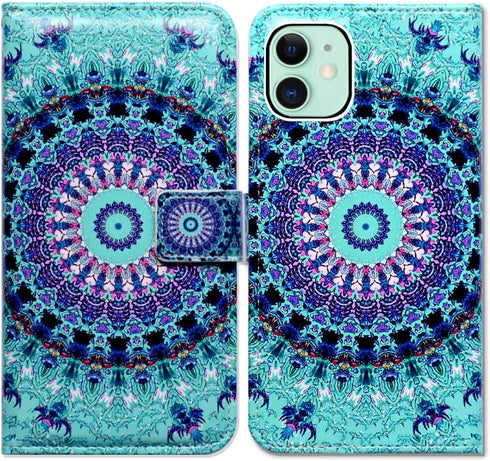 Case for iPhone 11, Green Mandala Design Flip Leather Case Wallet Cover with Credit Card Slot ID Card Holder Kickstand for iPhone 11...