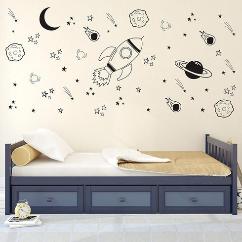 A37 Black Space Themed Room Decor - Rocket & Ship Wall Decals for Baby Boys Nursery...