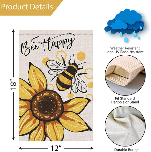 Bee Happy Garden Flag 12x18 Double Sided Vertical, Burlap Small Welcome Spring Summer Positive Garden Yard House Flags with Sunflower Decor Outsid...