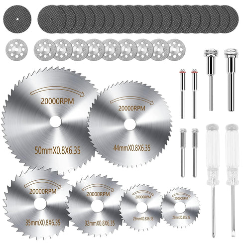 Cutting Wheel Set 44pcs for Rotary Tool, Diamond Cutting Wheels 10pcs and Resin Cutting Off Wheels 20pcs with Mandrels, HSS Circular Saw Blades 6p...