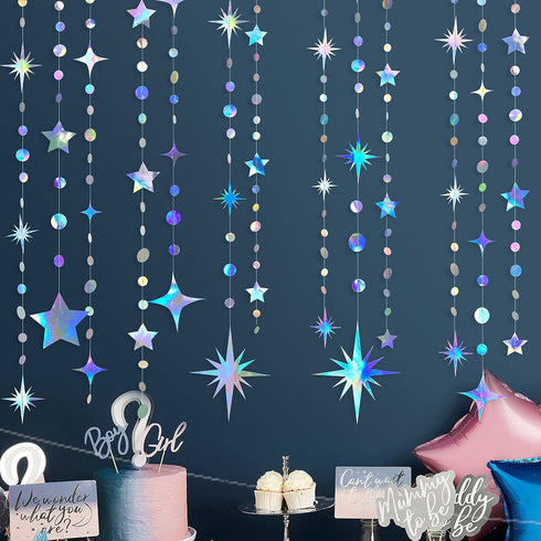 Iridescent Party Decorations Star Circle Dot Paper Garland Banner Bunting Streamer Metallic Hanging Twinkle Star Decoration for Kids Birthday Baby...