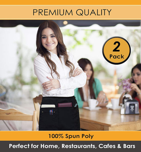 Brtex Server Aprons with 5 Pockets (2 Pack) – Commercial Grade Black Waist Aprons for Women Men – Restaurants Cafes Bars Home & Kitchen Apron 24x1...