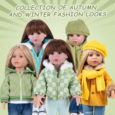 Doll Clothes 3 Pc. Set Light Green Grey Plaid Hooded Thick Coat Checkerboard Jacket with Long Sleeve, Warm Doll Outfit Hoodie Snowsuit Fits for 18...