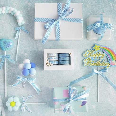 HUIHUANG Baby Blue Ribbon for Baby Shower Its A Boy Blue Ribbon Assorted Foot Print Elephant Satin Ribbon for Gift Wrapping Crafts Diaper Cake Bab...