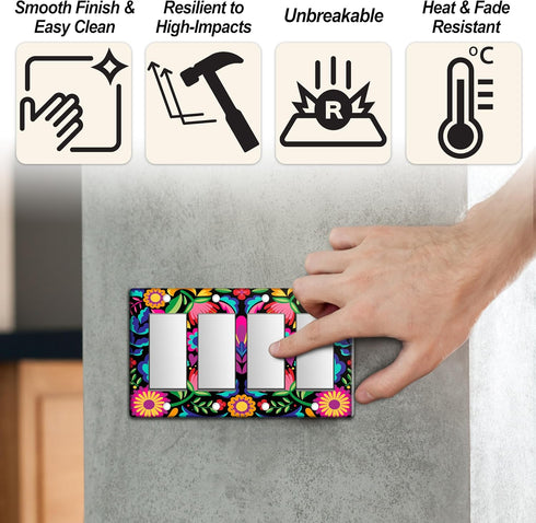 Mexico Light Switch Cover Decorative 4-Gang Rocker Switch Plate Cover Talavera Light Switch Plate Mexican Wall Decor Decorative Wall Plates for Ho...