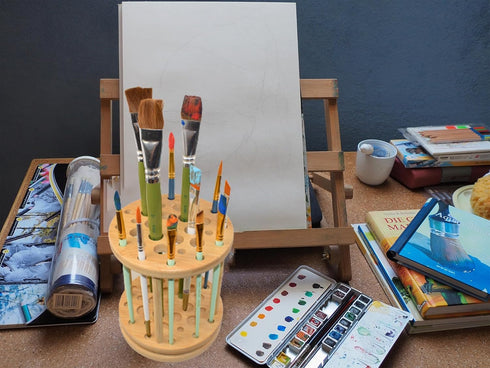 360 Rotating Paint Brush Holder Bamboo Paint Brush Tray Holder Rack-Large Capacity Watercolor Paint Brush Holder Display Stand and Organizer for D...