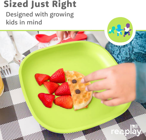 Re-Play Toddler Plates - 22 Oz. Deep-Walled Flat Kids Plates - Dishwasher & Microwave Safe - Made in USA - Set of 3-7.37" x 7.37" x 1.25" - Aqua A...