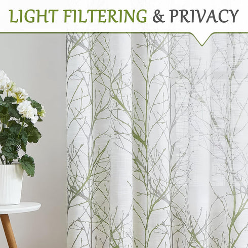 FMFUNCTEX Sheer French Door Curtains 40 Inches Long Green White Semi-Sheer Patio Half Door Panel Branch Tree Print Curtains for Glass Door with 1 ...