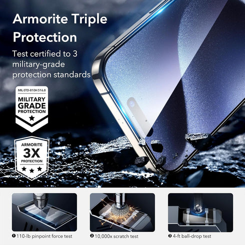 ESR 3+2 Pack Armorite Screen Protector Set for iPhone 15 Pro Max, Black Edge Ultra-tough Tempered Glass Film with Flawless Fit Tray, 3-Pack with 2...