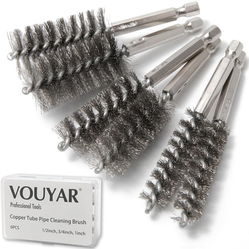 6pcs Copper Tube Pipe Cleaner, 1/2” 3/4” 1” Pipe Cleaning Brush Set, Stainless Steel Wire Bore Brushes for Power Drill, 1/4 Inch Hex Shank...